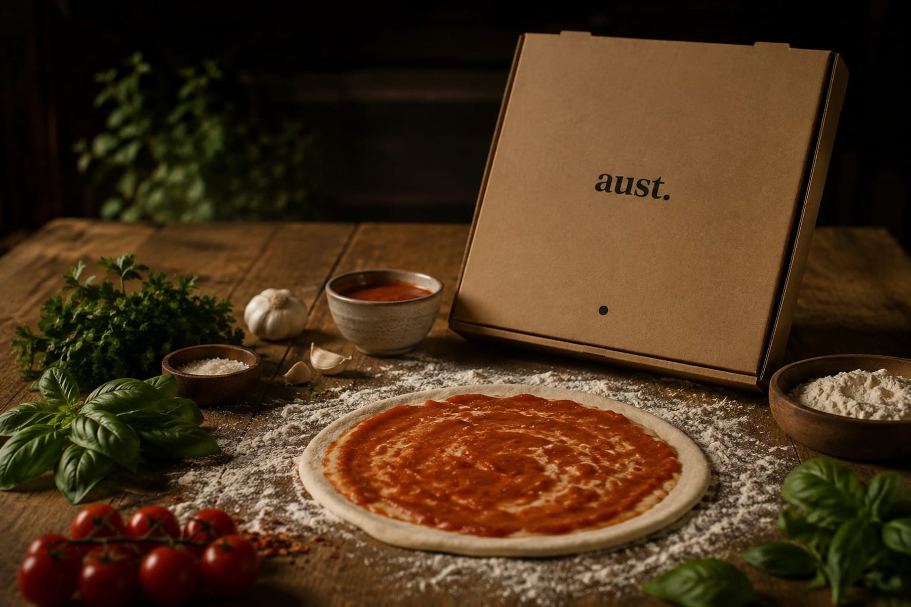Dough, tomato and flour on the bench